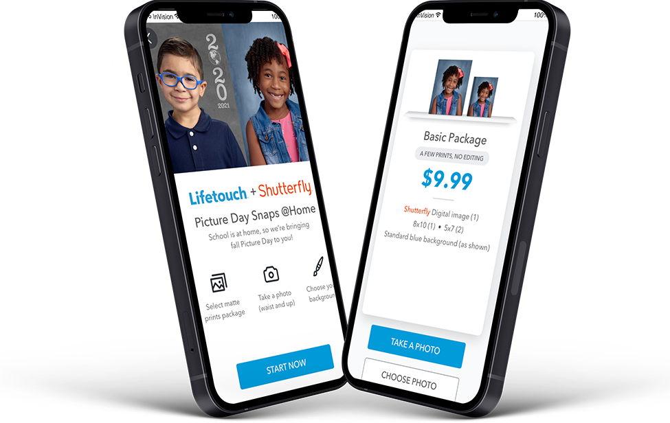 Two phones showing Picture Day Snaps @Home — the Lifetouch + Shutterfly landing screen and the Basic Package selection