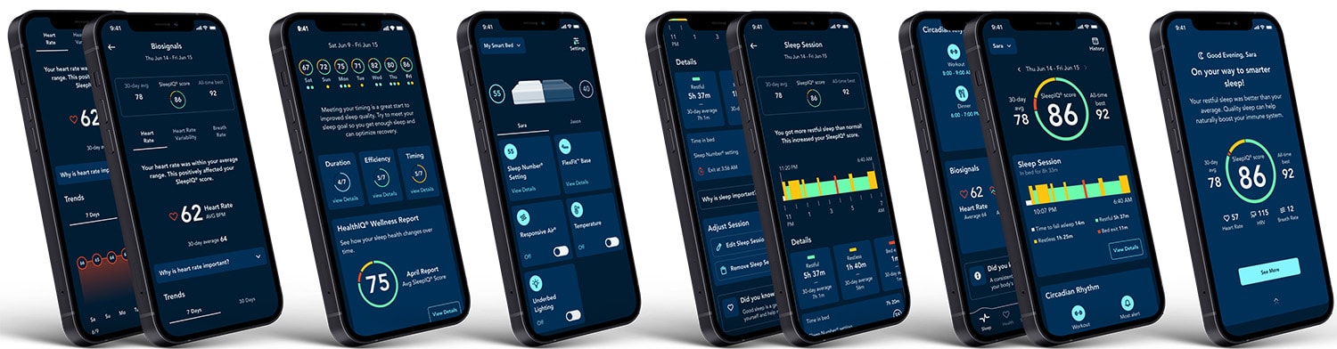 Eight phones showing the redesigned Sleep Number app: biosignals, sleep session detail, smart bed controls, wellness reports, and circadian insights