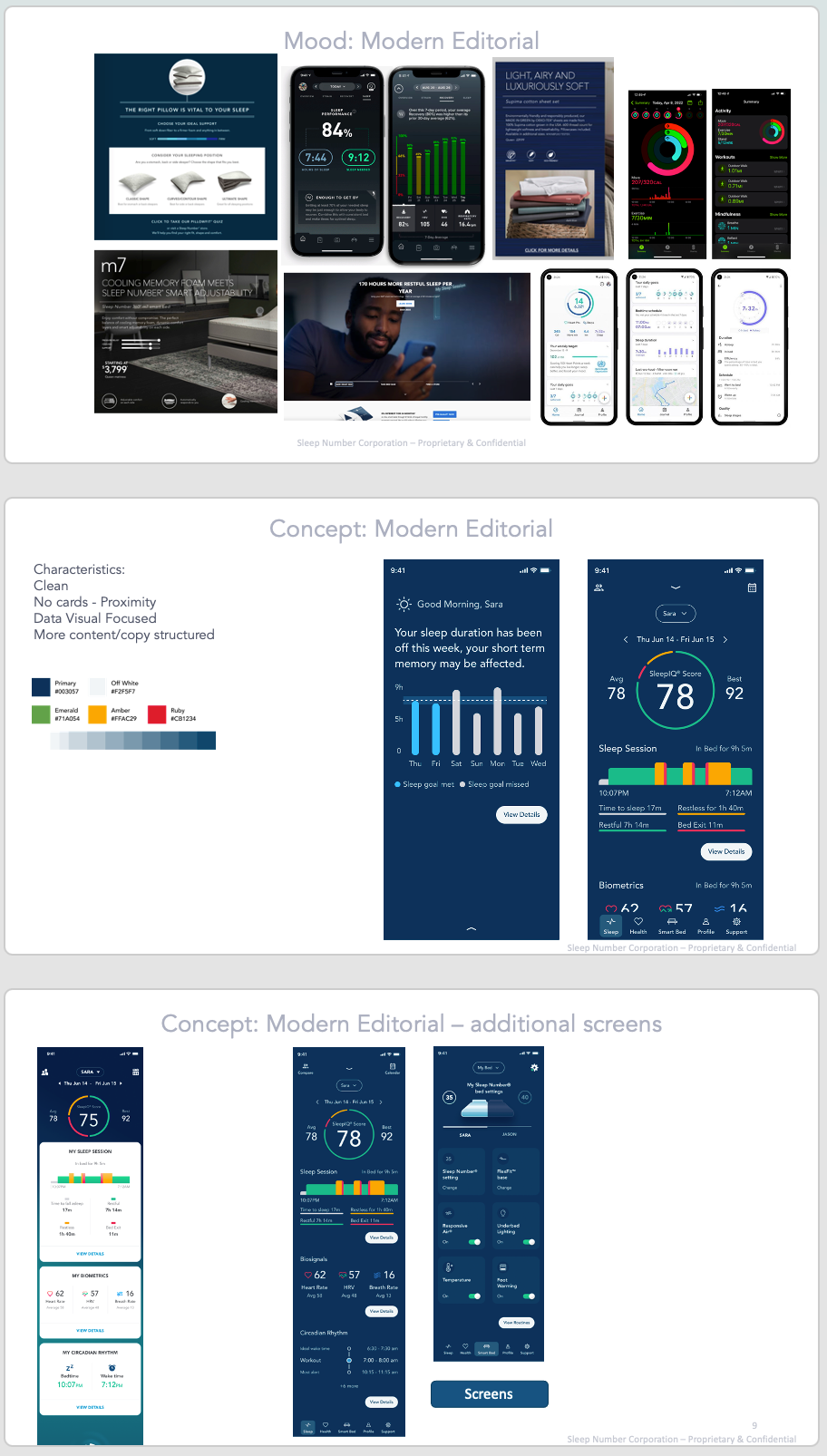 Concept boards: Modern Editorial — mood, concept screens, and additional screens