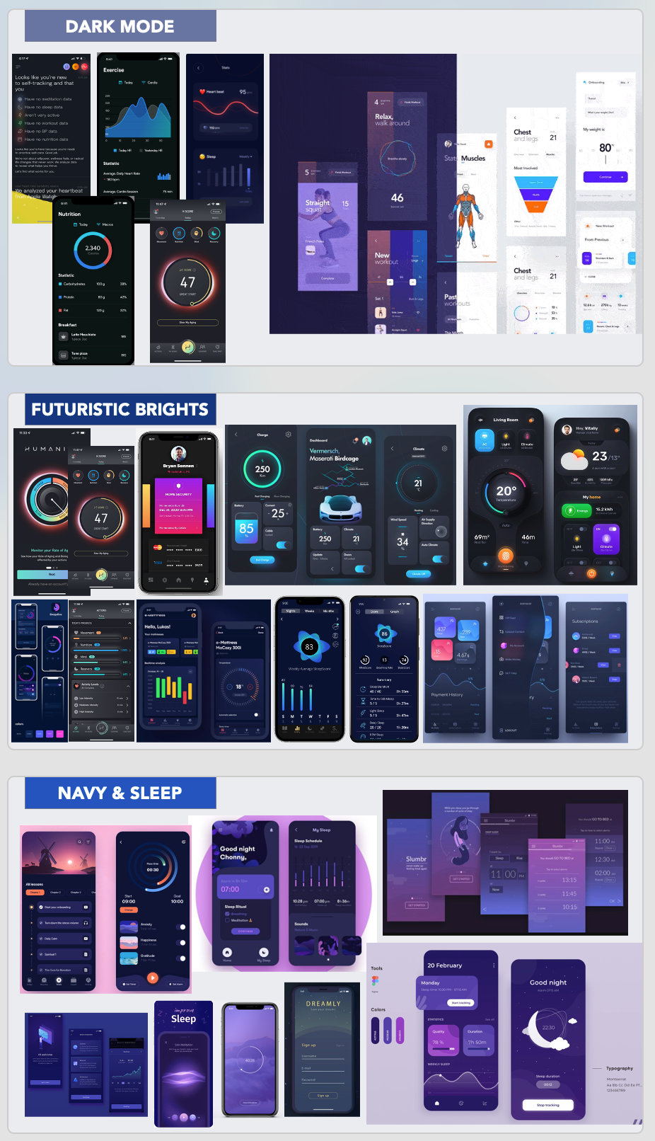 Research boards: dark mode, futuristic brights, and navy sleep-focused UI explorations
