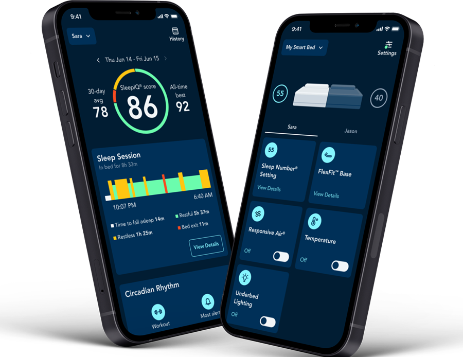 Two phones showing the Sleep Number SleepIQ app — sleep score, session detail, and smart bed controls