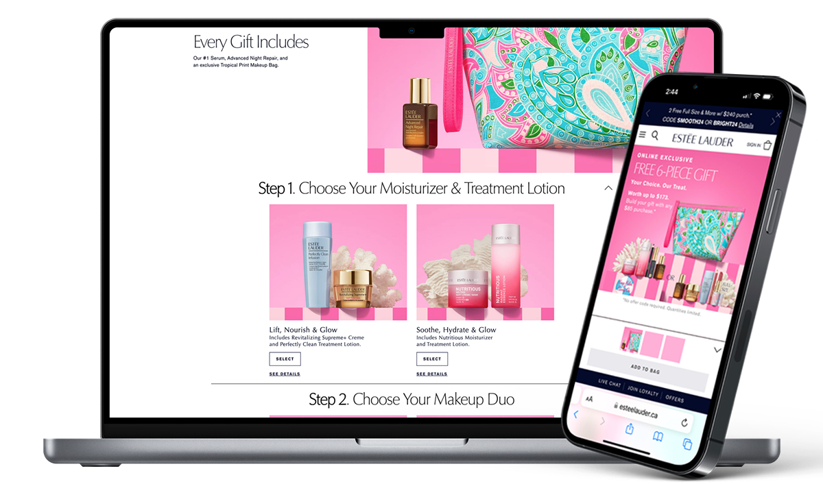 Estée Lauder gift-with-purchase promotion on laptop and phone