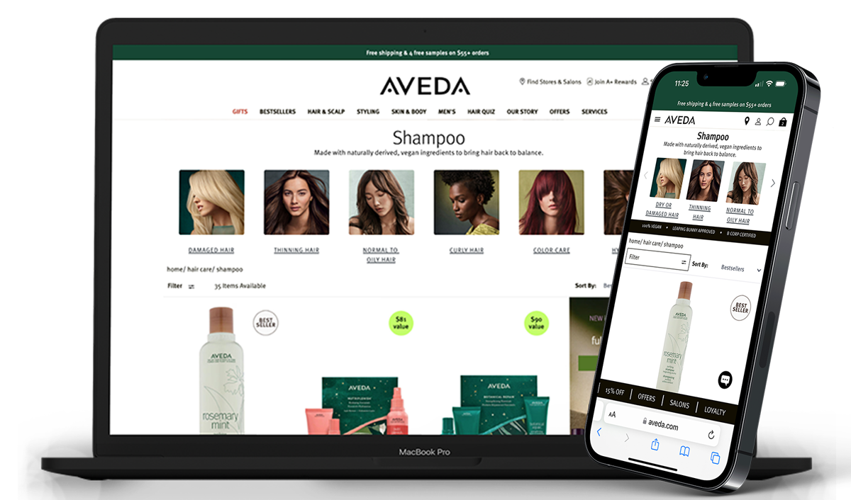 Aveda product detail page redesign on desktop and mobile