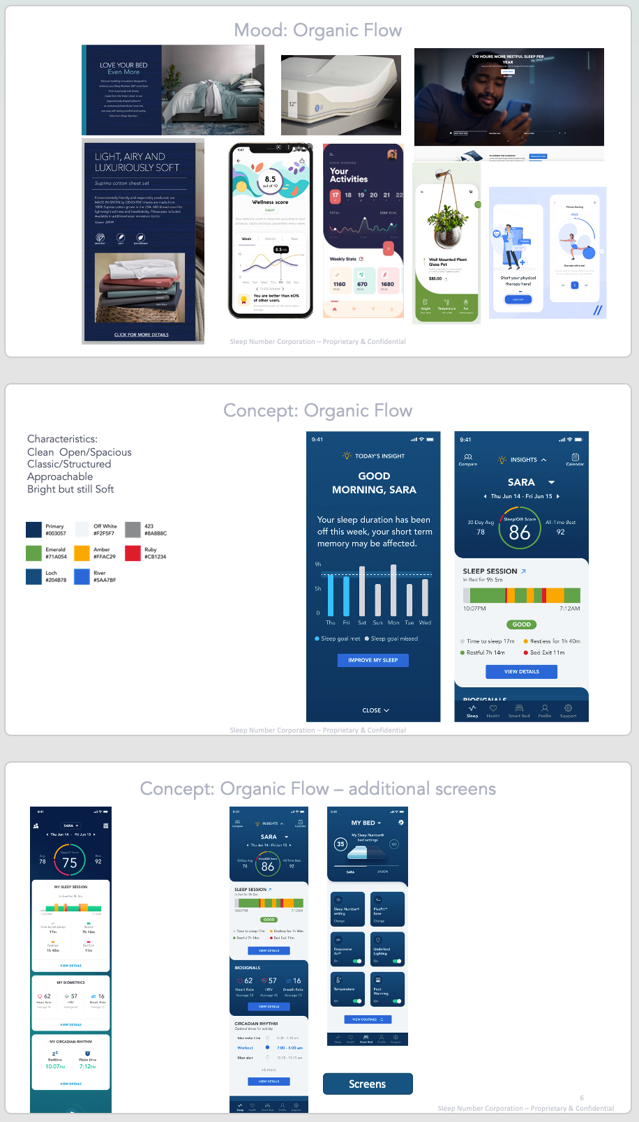 Concept boards: Organic Flow — mood, concept screens, and additional screens