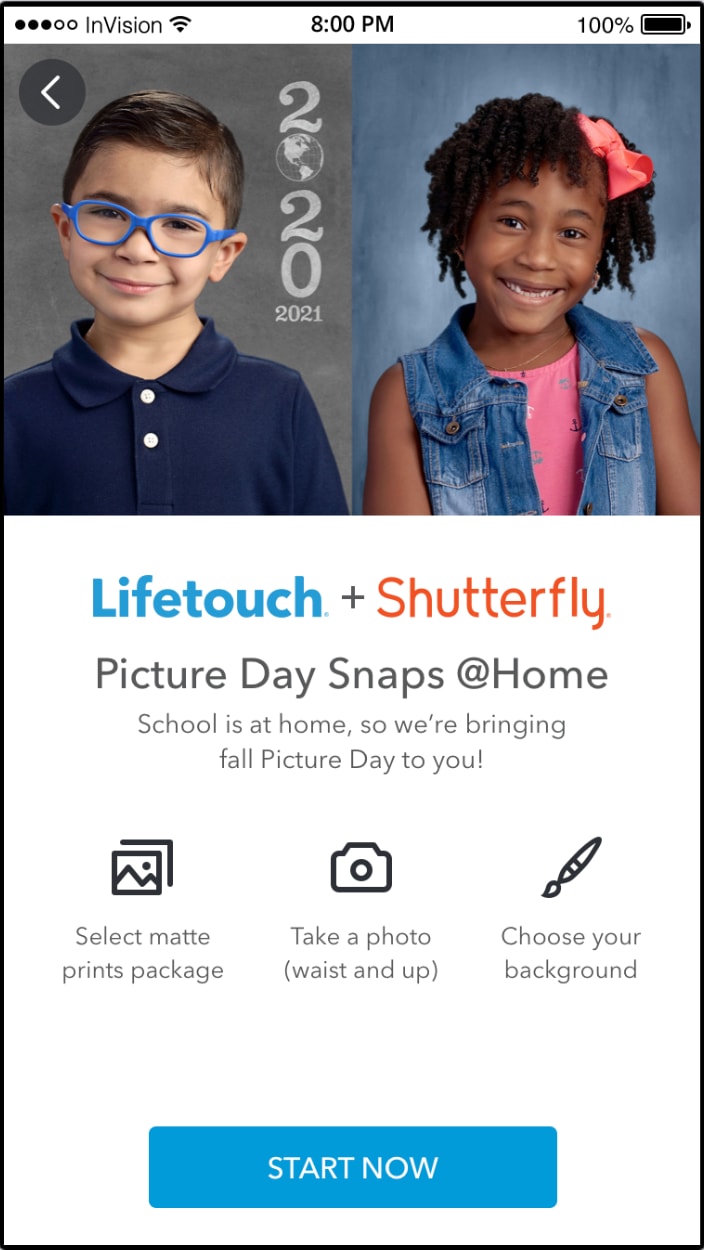 Snaps @Home landing screens in the Shutterfly app