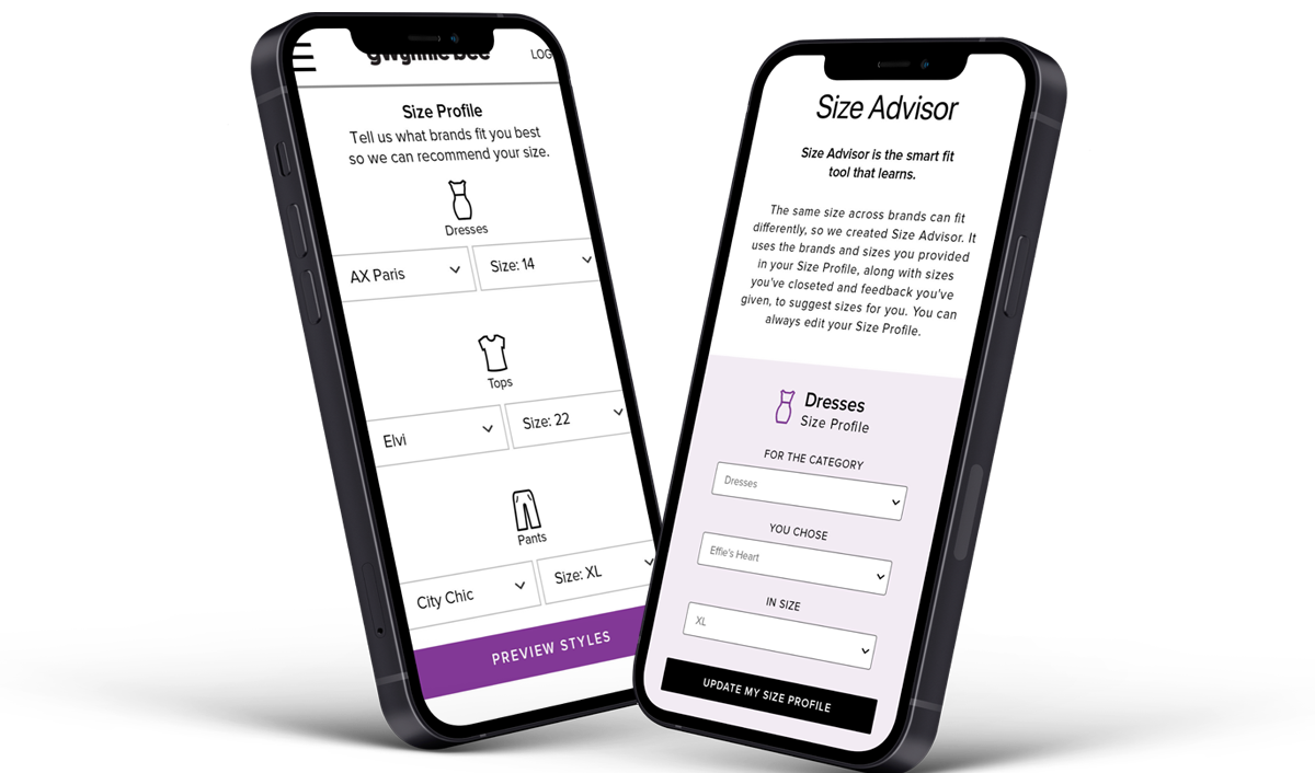 Two phones showing Gwynnie Bee's Size Advisor: size profile setup and the smart fit tool