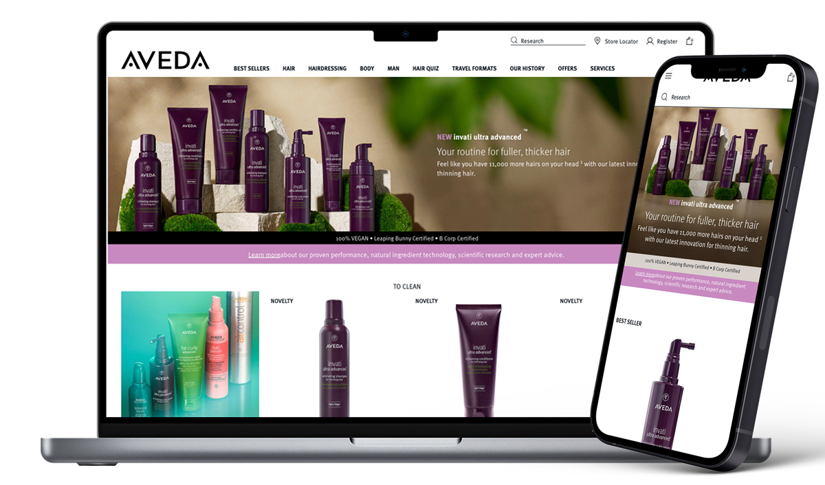 Before: the original Aveda product landing page across devices